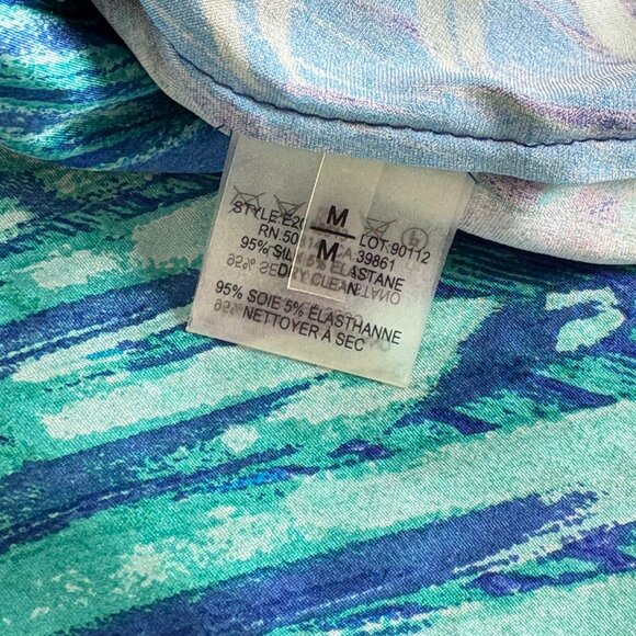 Elie Tahari Blue Green Palm Leaf Silk Sheer Button Down Blouse Womens Sz M - Picture 4 of 7